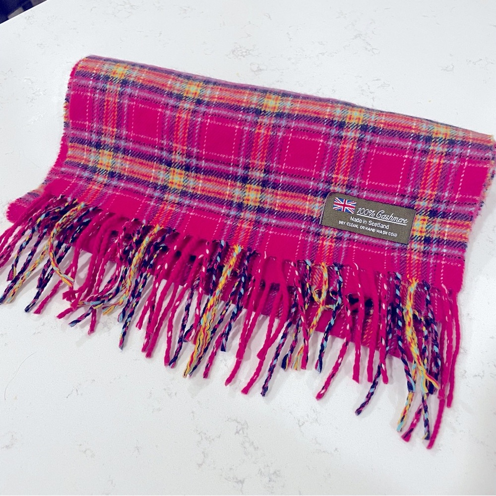 100% CASHMERE Scarf MADE IN SCOTLAND Plaid Pink Black Yellow Men Women Fringe